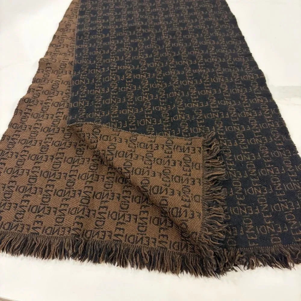 Fendi Zucca Monogram Vintage Wool Scarf -  Reversible Dark Brown and Black
